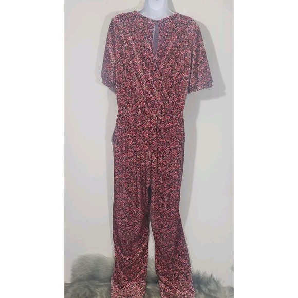 Old Navy Med Pink Floral Velour Short Puff Sleeve Stretchy Keyhole Back Jumpsuit - Picture 9 of 10
